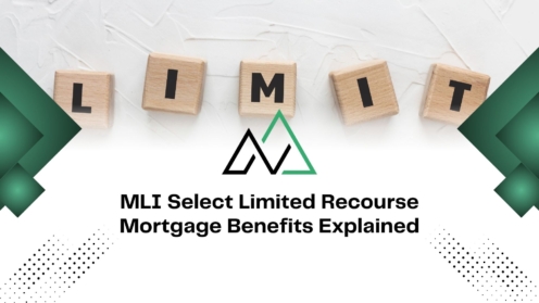MLI Select limited recourse mortgage benefits graphic featuring wooden blocks spelling LIMIT and a geometric logo.