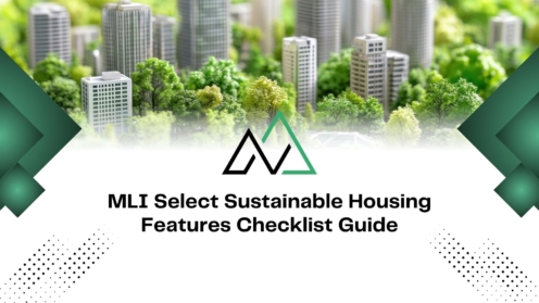 MLI Select Sustainable Housing Features Checklist Guide title over a miniature green city with modern buildings.