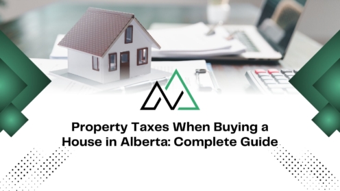 Model house on documents with a calculator, representing property taxes when buying a house in Alberta.