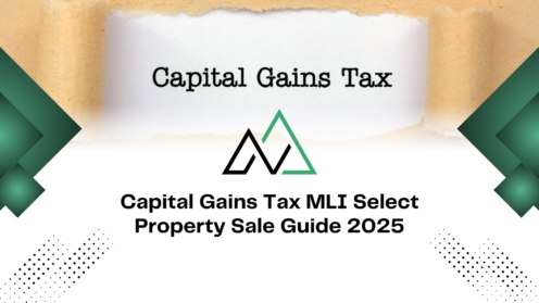 Capital Gains Tax MLI Select Property Sale Guide 2025 title with a modern geometric logo and green design elements.