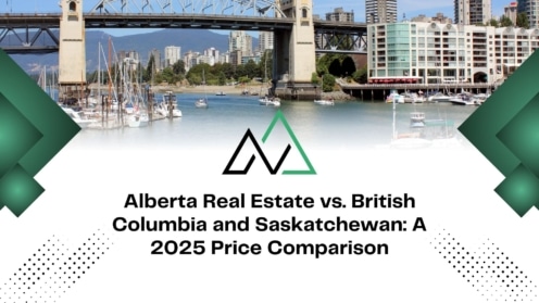 2025 real estate price comparison for Alberta, BC, and Saskatchewan, featuring a Vancouver bridge and MLI Select insights.