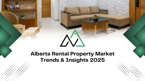 Modern living room graphic for Alberta Rental Property Market Trends 2025, including MLI Select financing insights.