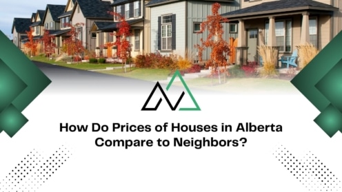 Modern Alberta suburban houses with autumn trees and text comparing home prices to neighbors for MLI Select financing.