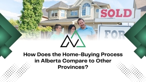 Happy family in front of a house with a SOLD sign, exploring the home-buying process in Alberta vs other provinces.