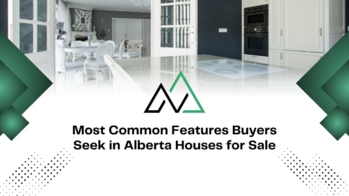Modern white kitchen and dining area in an Alberta home, showcasing common features buyers seek in houses for sale.
