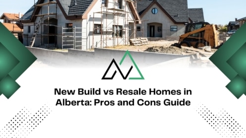New build home under construction in Alberta with scaffolding, illustrating a guide on new vs resale properties.