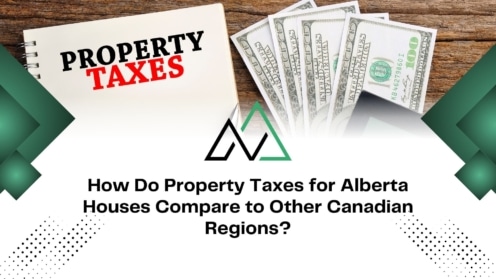 Graphic comparing Alberta property taxes to other Canadian regions, highlighting tax rates versus assessed house values.