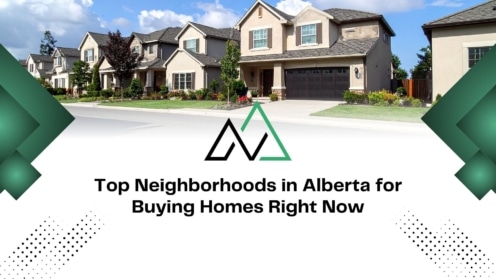 Row of modern suburban houses in an Alberta neighborhood, featuring top locations for buying homes right now.