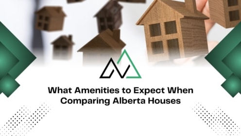 Wooden house models and text about comparing Alberta house amenities, relevant for MLI Select property evaluations.