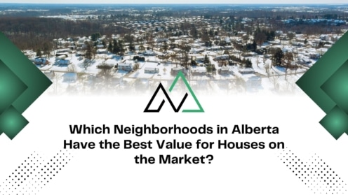 Aerial view of a snowy Alberta neighborhood with text about finding the best value houses on the market.