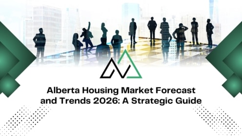 Alberta Housing Market Forecast 2026 title with business silhouettes, city skyline, and MLI Select strategic guide.