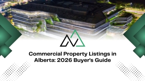 Modern Alberta commercial building at night for the 2026 buyer's guide on property listings and MLI Select financing.