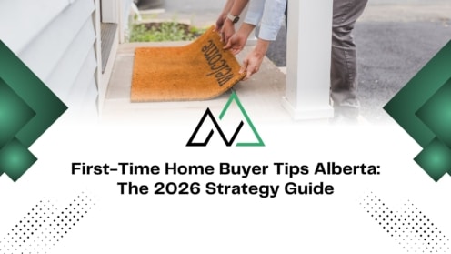 First-time home buyer tips Alberta 2026 strategy guide showing a person placing a welcome mat at their new home.