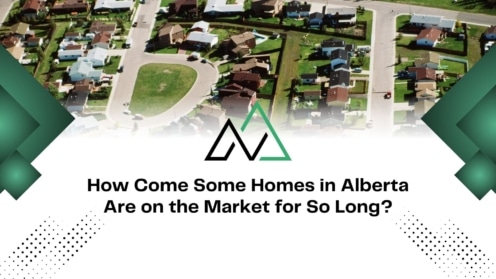 Aerial view of Alberta homes with text asking why some stay on the market for so long and a geometric mountain logo.
