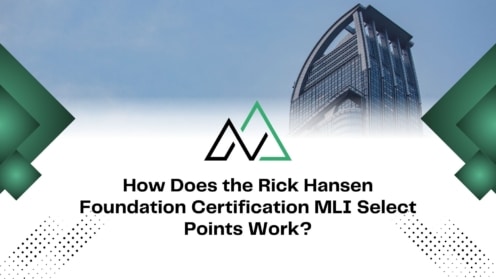 Guide to Rick Hansen Foundation Certification MLI Select points featuring a modern skyscraper and geometric design.