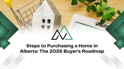 Miniature white house in a shopping cart on a wooden table for the 2026 Alberta home buyer's roadmap guide.