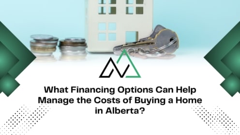 Model house, keys, and coins with text about financing options for buying a home in Alberta, including MLI Select.