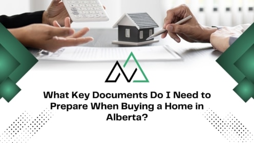 Reviewing essential documents for buying a home in Alberta with a real estate expert, house model, and calculator.