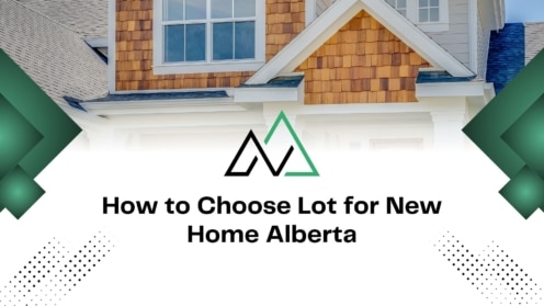 Modern house with cedar siding and text guide on how to choose a lot for a new home in Alberta.