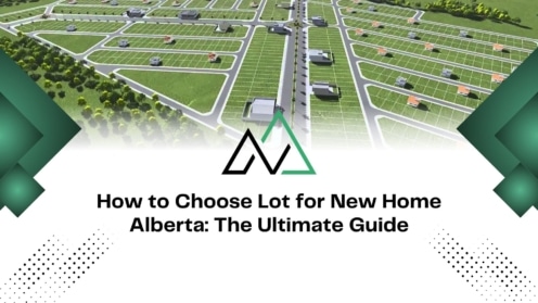 Aerial subdivision view for a guide on choosing a new home lot in Alberta, featuring mli select branding.