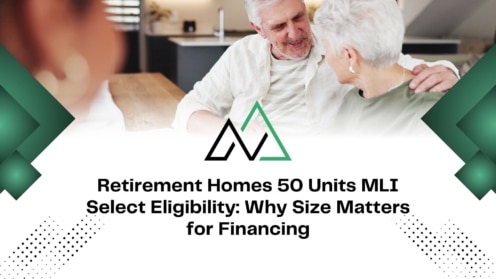 Happy senior couple with text about MLI Select eligibility and financing for 50-unit retirement homes.
