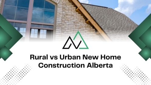 Rural vs Urban New Home Construction Alberta graphic featuring a brick house under construction with an arched window.
