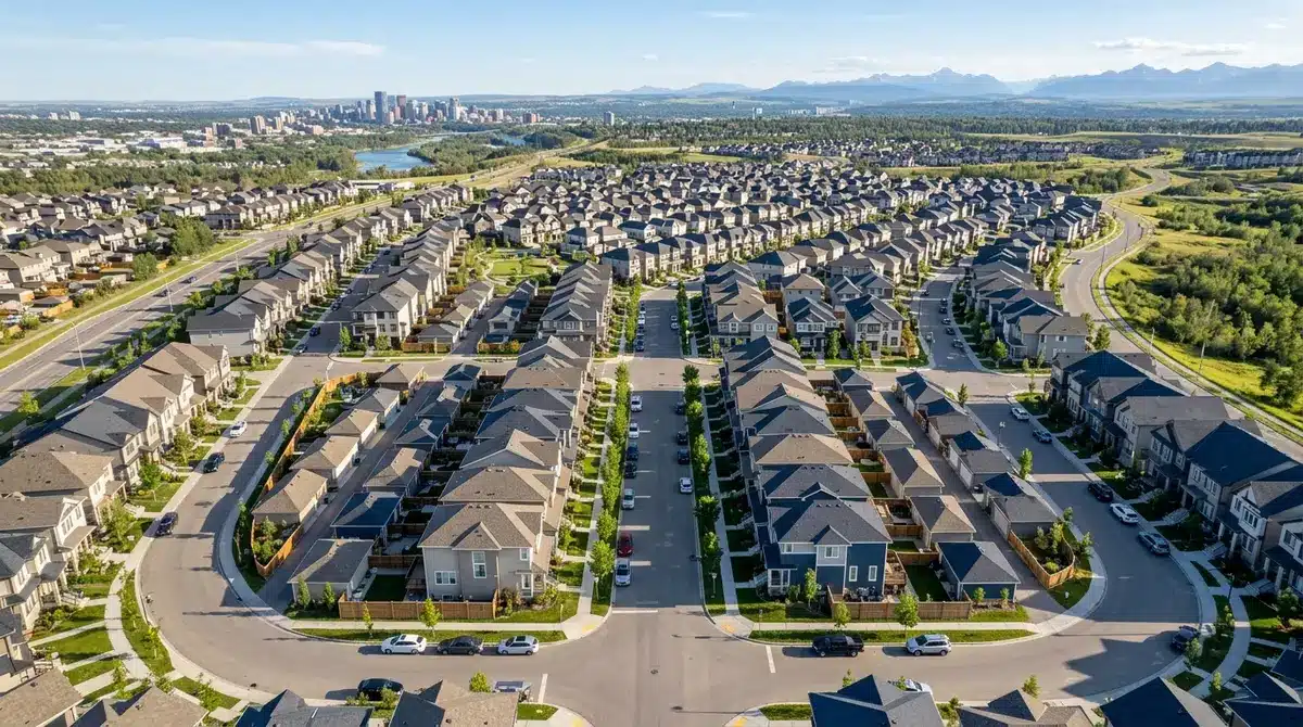 Aerial view of a modern high-density residential neighborhood in Alberta showing narrow lot widths