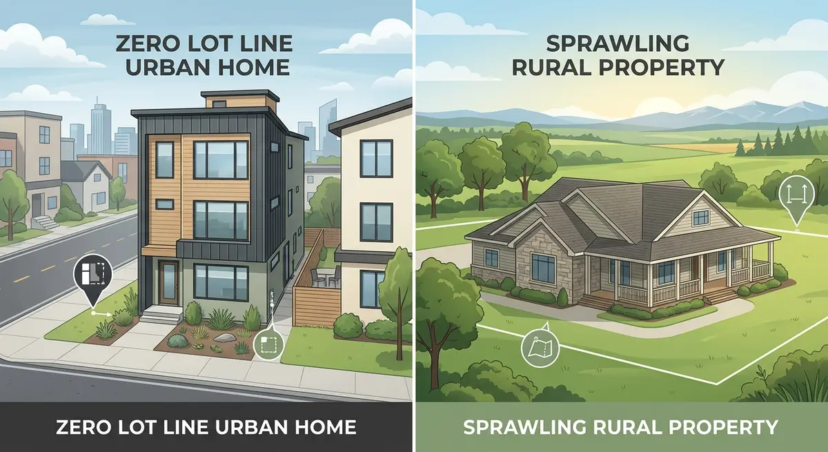 Comparison diagram showing a zero lot line urban home versus a sprawling rural property in Alberta