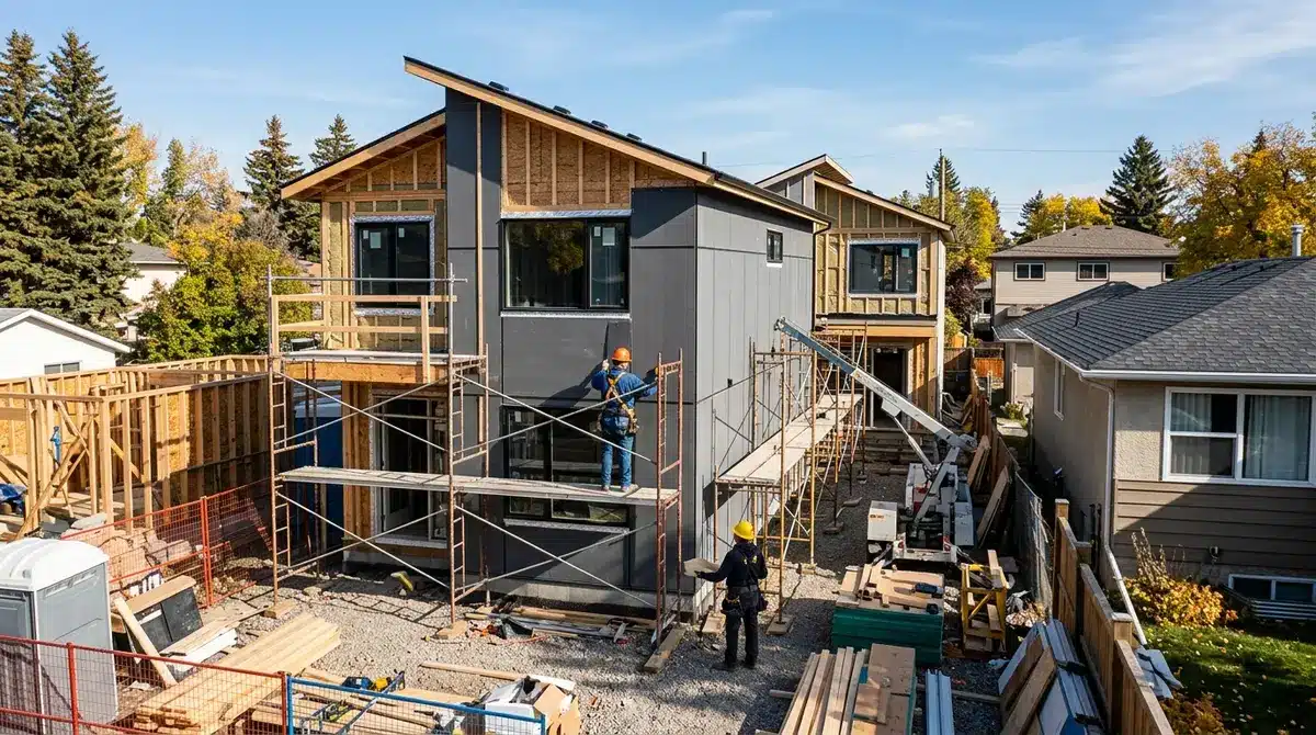 Construction site in Alberta showing tight setbacks and fire-rated exterior walls on a narrow lot