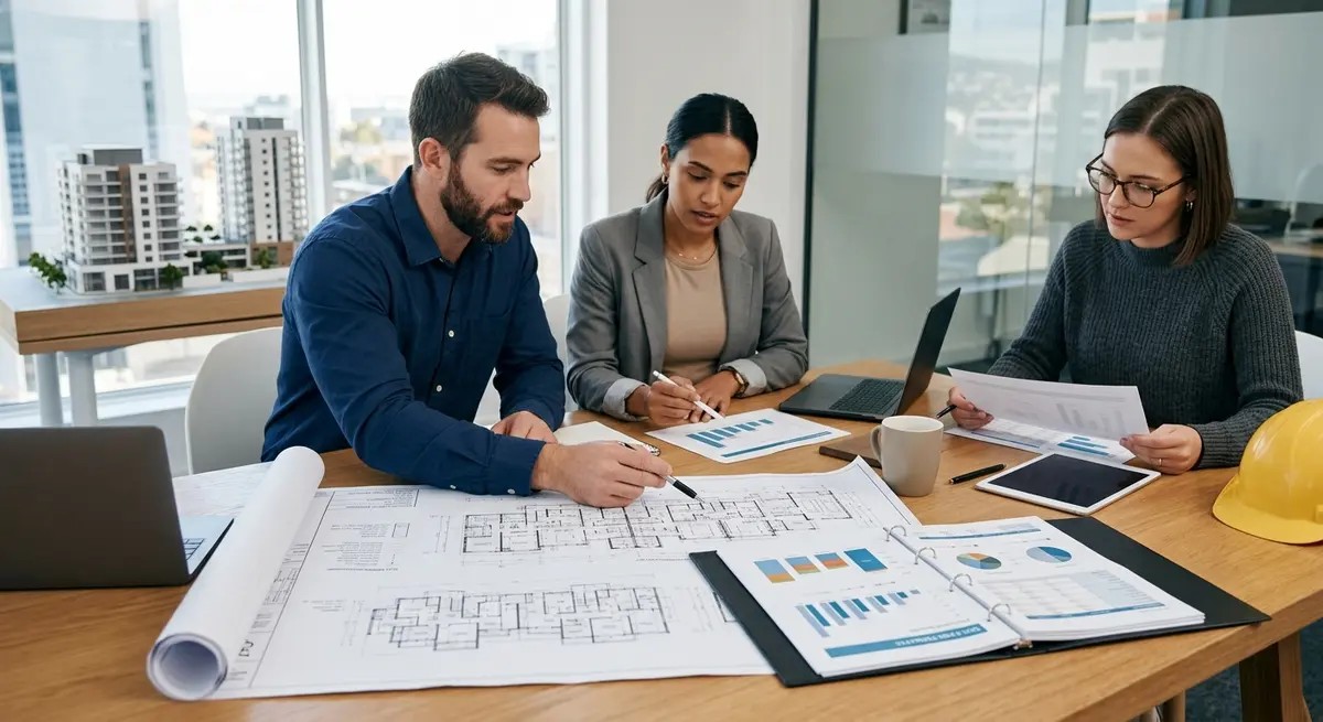 Architectural blueprints and financial charts representing multi-unit residential development planning