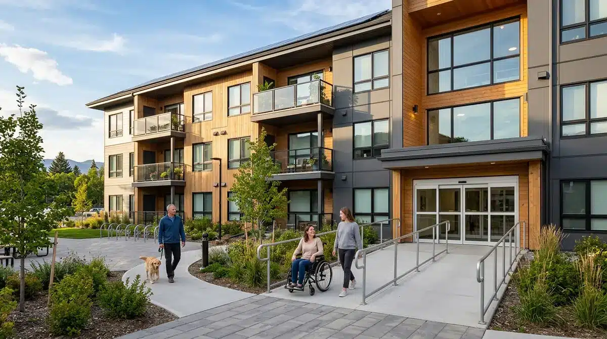 A modern, energy-efficient multi-family apartment building in Alberta featuring accessible design elements