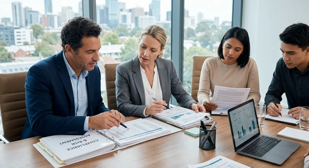 Real estate developers and financial consultants reviewing compliance documents for multi-unit mortgage insurance
