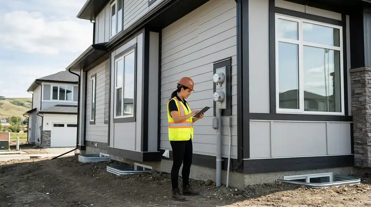 Safety codes officer inspecting a new home build in Alberta for occupancy certification