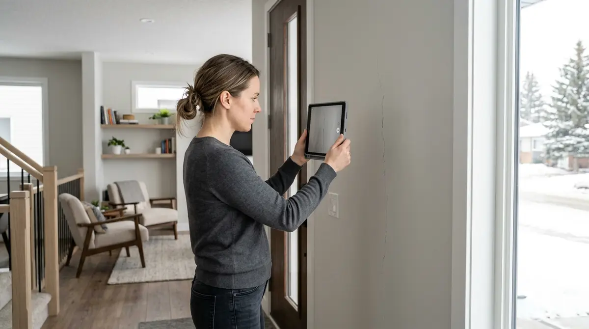 Homeowner documenting a wall crack in a new Alberta home using a tablet