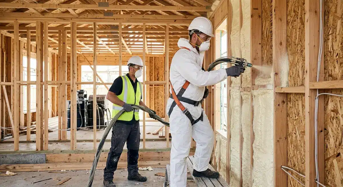 Construction workers installing high-performance closed-cell spray foam insulation in a new home build