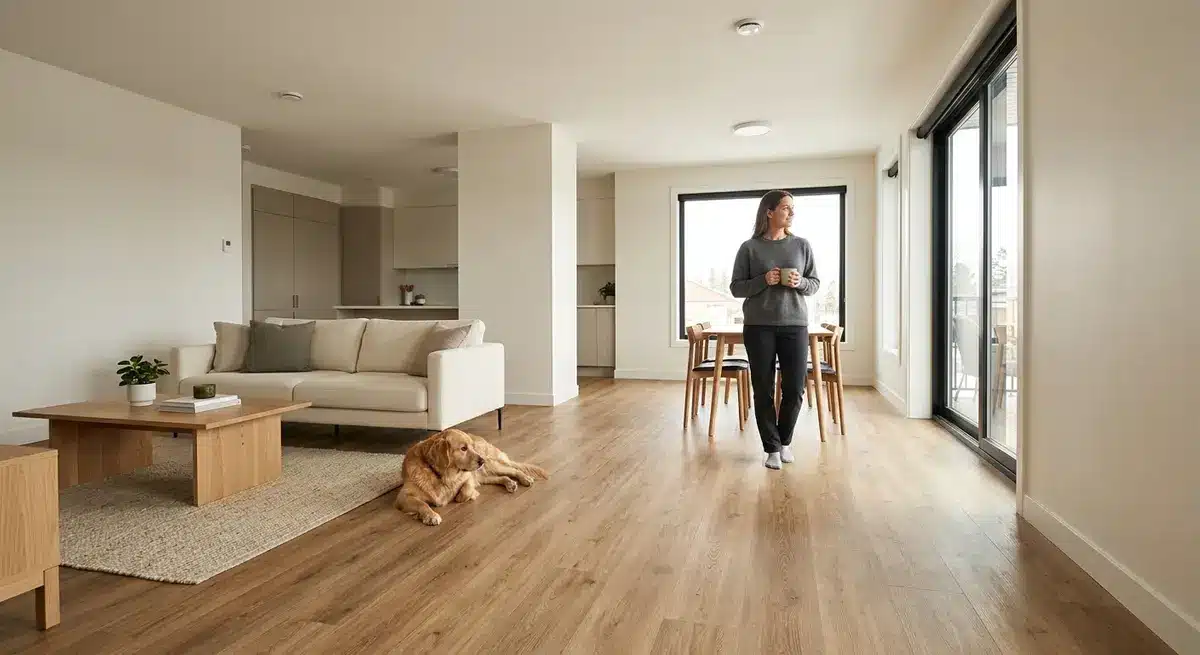 Interior view of a modern new home featuring durable luxury vinyl plank flooring and acoustic drywall