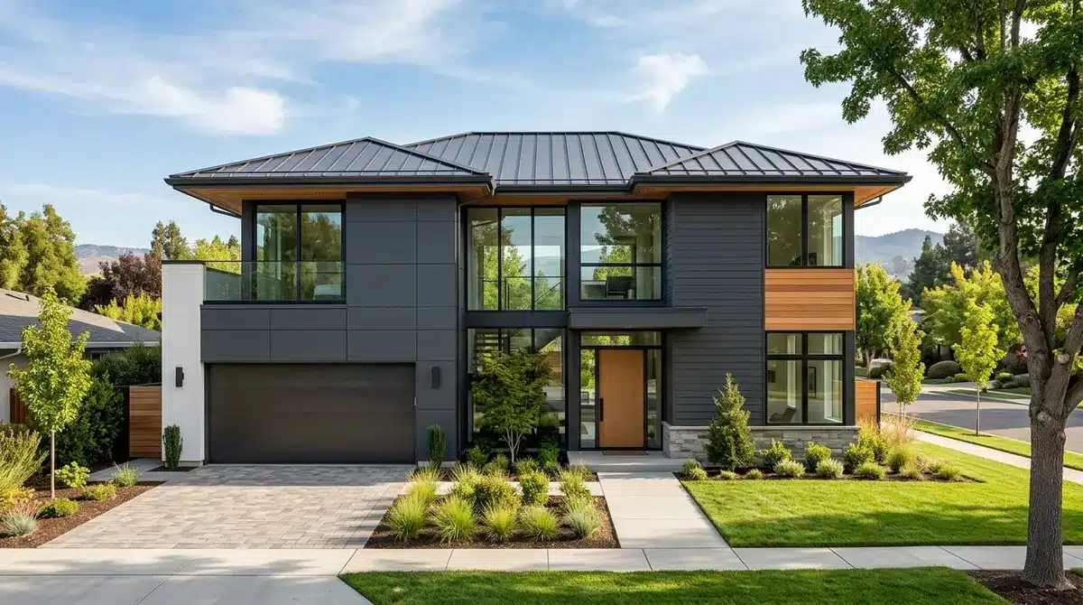 Architectural rendering of a modern new construction home showcasing premium fiber cement siding and metal roofing