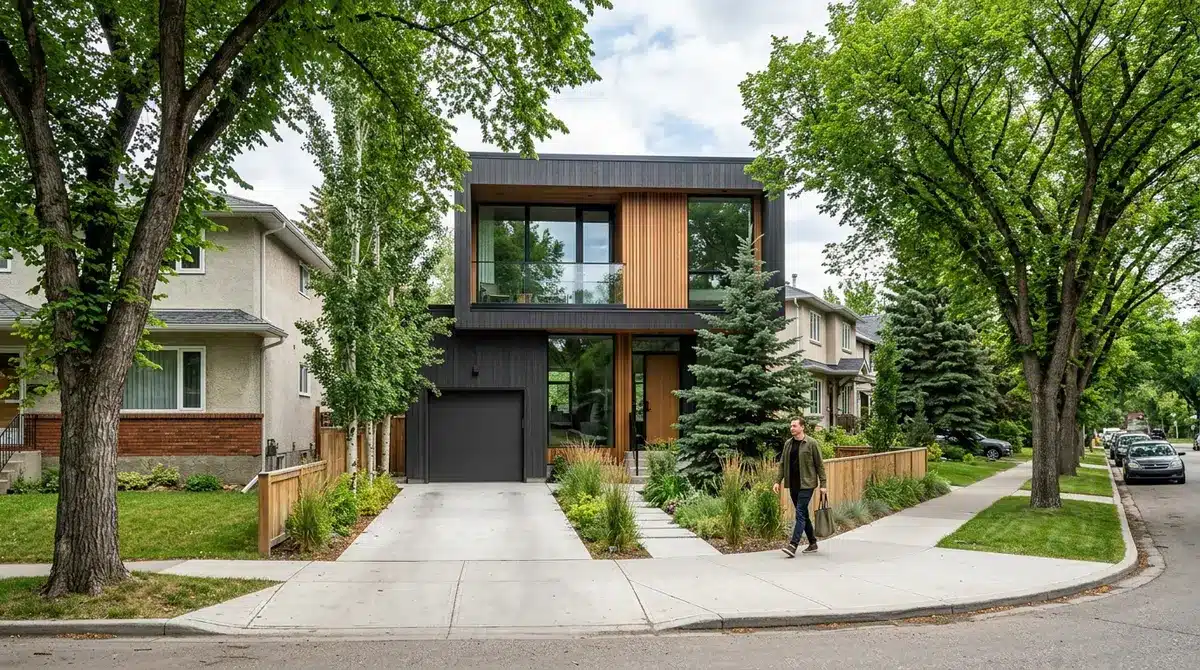 Modern infill home built in a mature, tree-lined neighborhood in Calgary Alberta