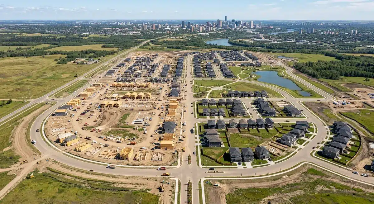 Aerial view of a brand new master-planned subdivision under construction in Edmonton Alberta