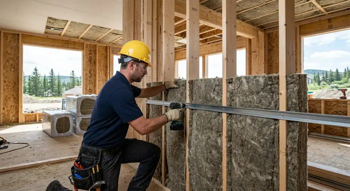 Contractor installing mineral wool acoustic insulation and resilient channels in a new Alberta home build