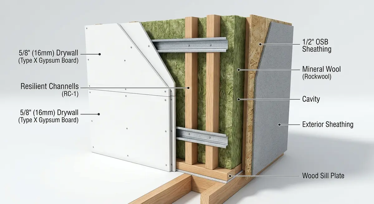 Cross section diagram of a soundproof wall assembly showing studs, mineral wool, resilient channels, and double drywall