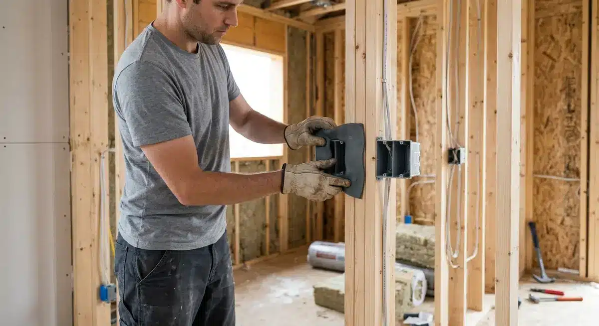 Acoustic putty pads applied to electrical boxes in a new home build to prevent sound flanking