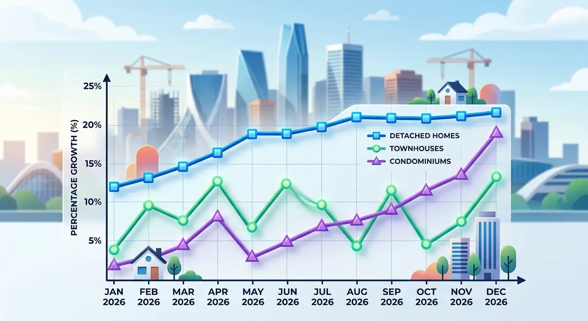 Graph showing the year-over-year sales growth of detached homes, townhouses, and condominiums in the Edmonton real estate market for 2026