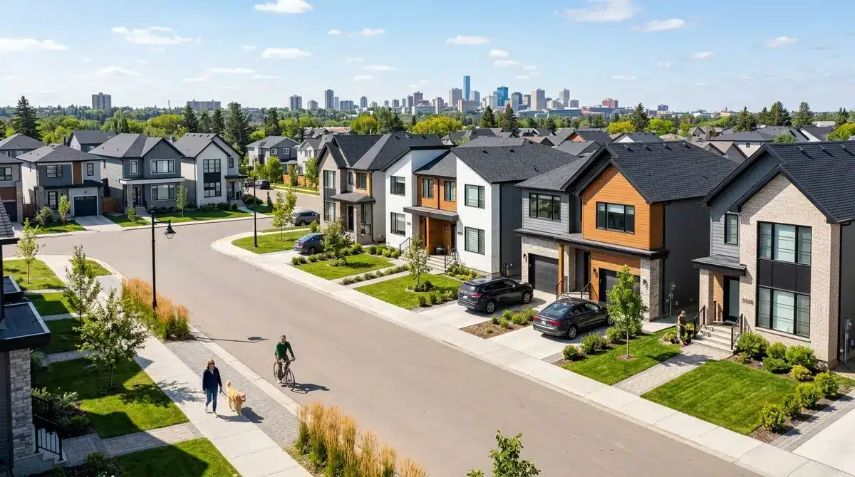 A modern residential neighborhood in Edmonton showcasing new detached and semi-detached homes available in the 2026 market