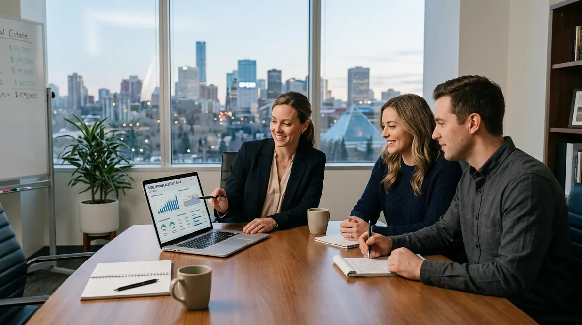 A real estate professional reviewing market data and housing inventory statistics with clients in an Edmonton office