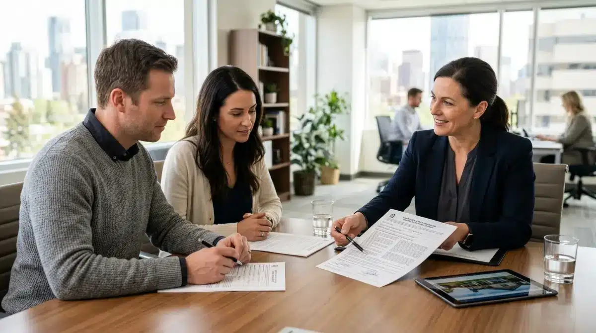 Real estate professional reviewing contract documents with clients in an Alberta office