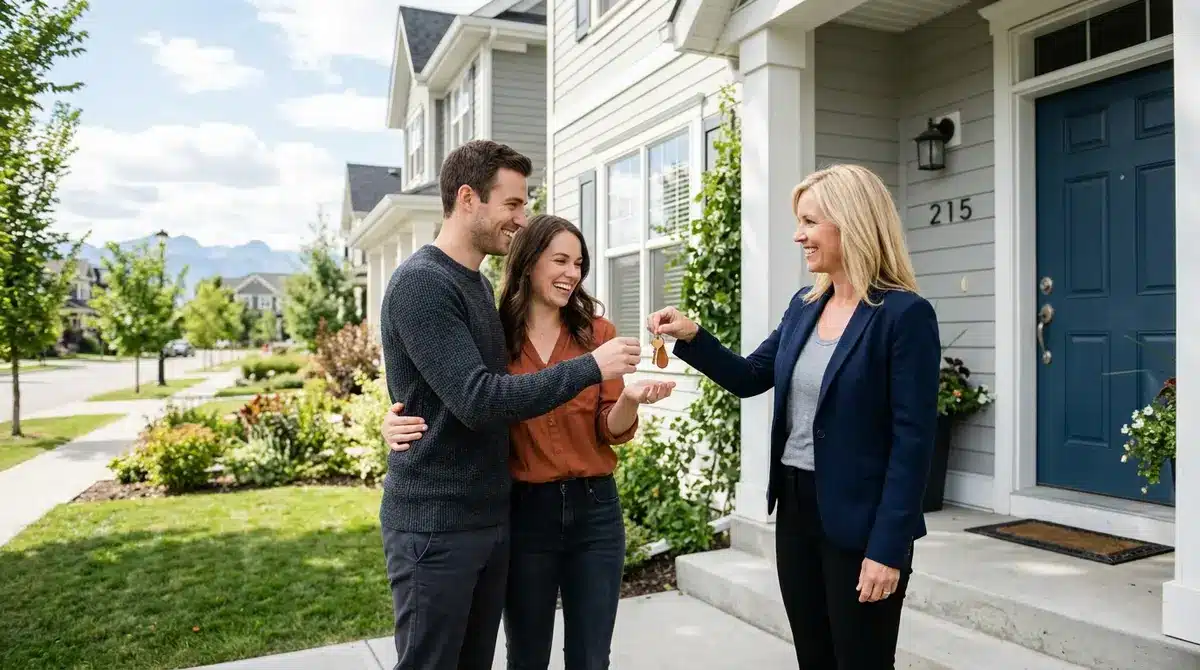 First-time homebuyers receiving the keys to their new Alberta property from their agent