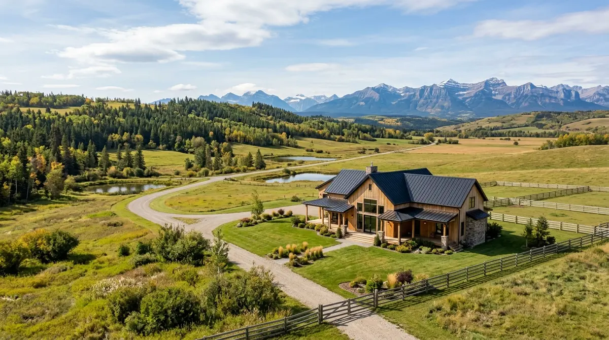 Expansive rural acreage property in Alberta featuring a modern farmhouse and natural landscape