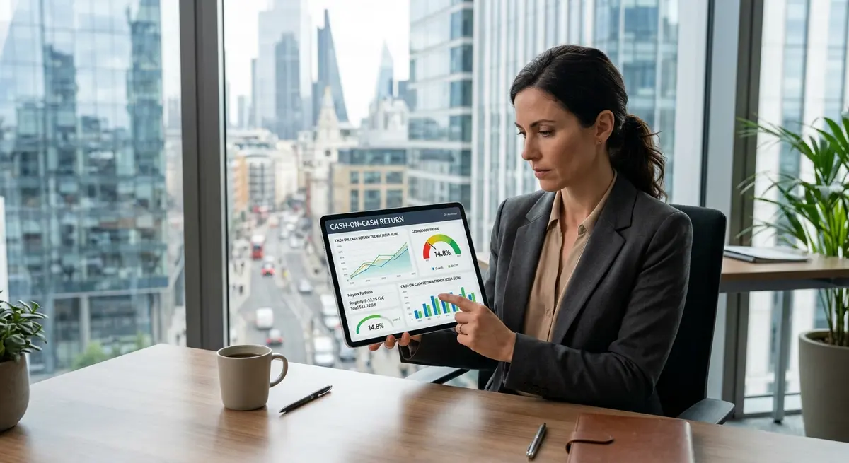 Real estate investor analyzing cash-on-cash return charts on a tablet in 2026