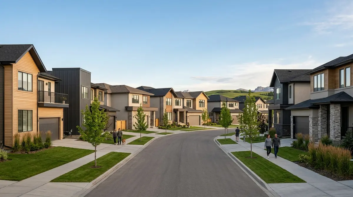 Modern suburban housing development in Alberta highlighting the shift in buyer demand toward affordable regional markets